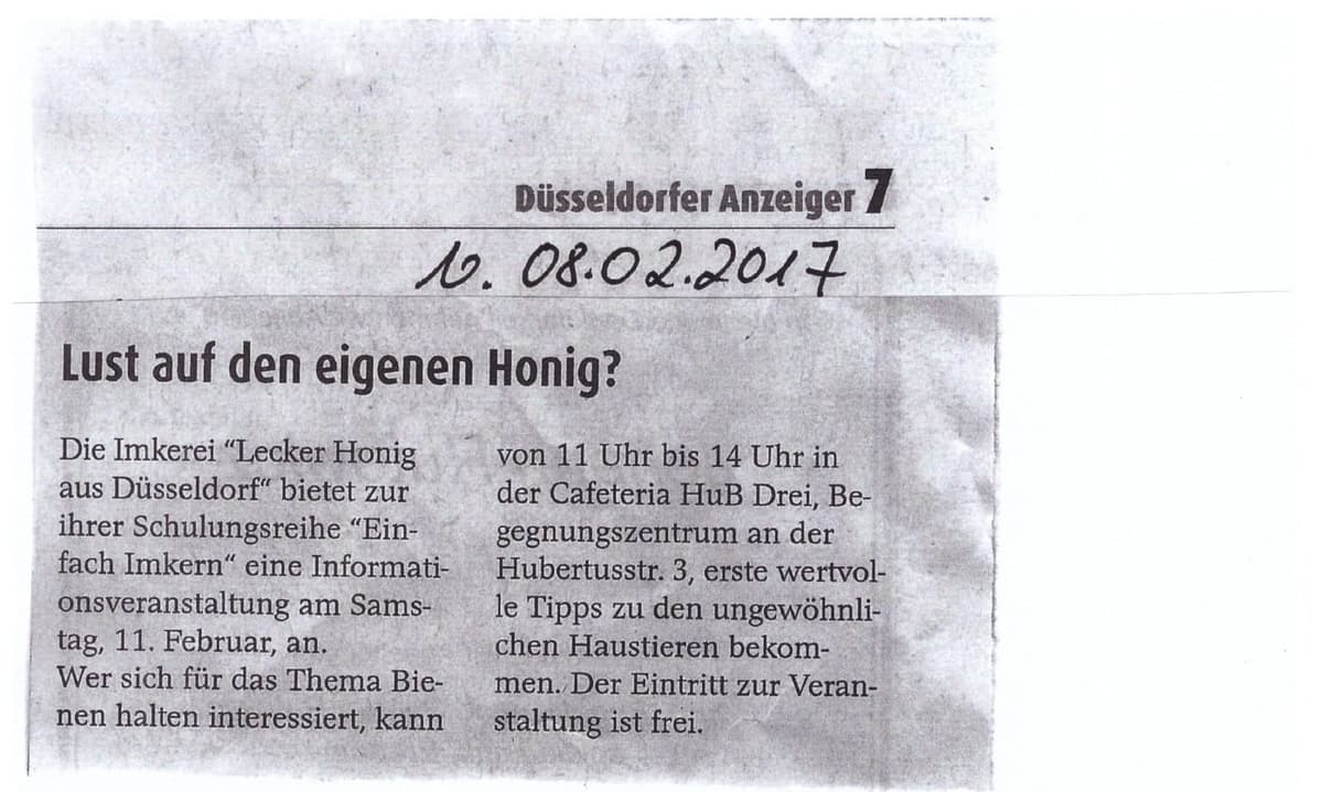 Düsseldorfer Anzeiger — Infotag für den Imker-Lehrgang 2017